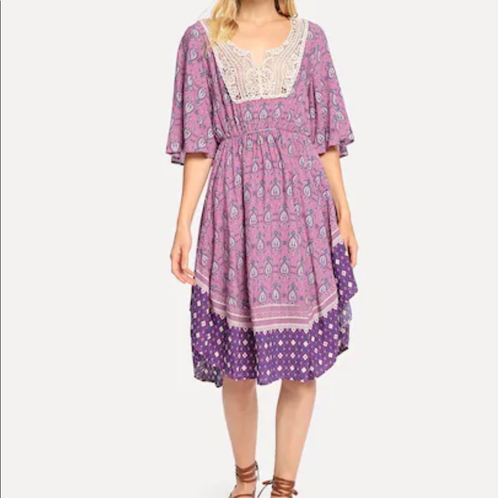 Flounce Sleeve Lace Contrast Flower Print  Dress